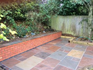 Another view of the finished Indian Sandstone patio and retaining wall.